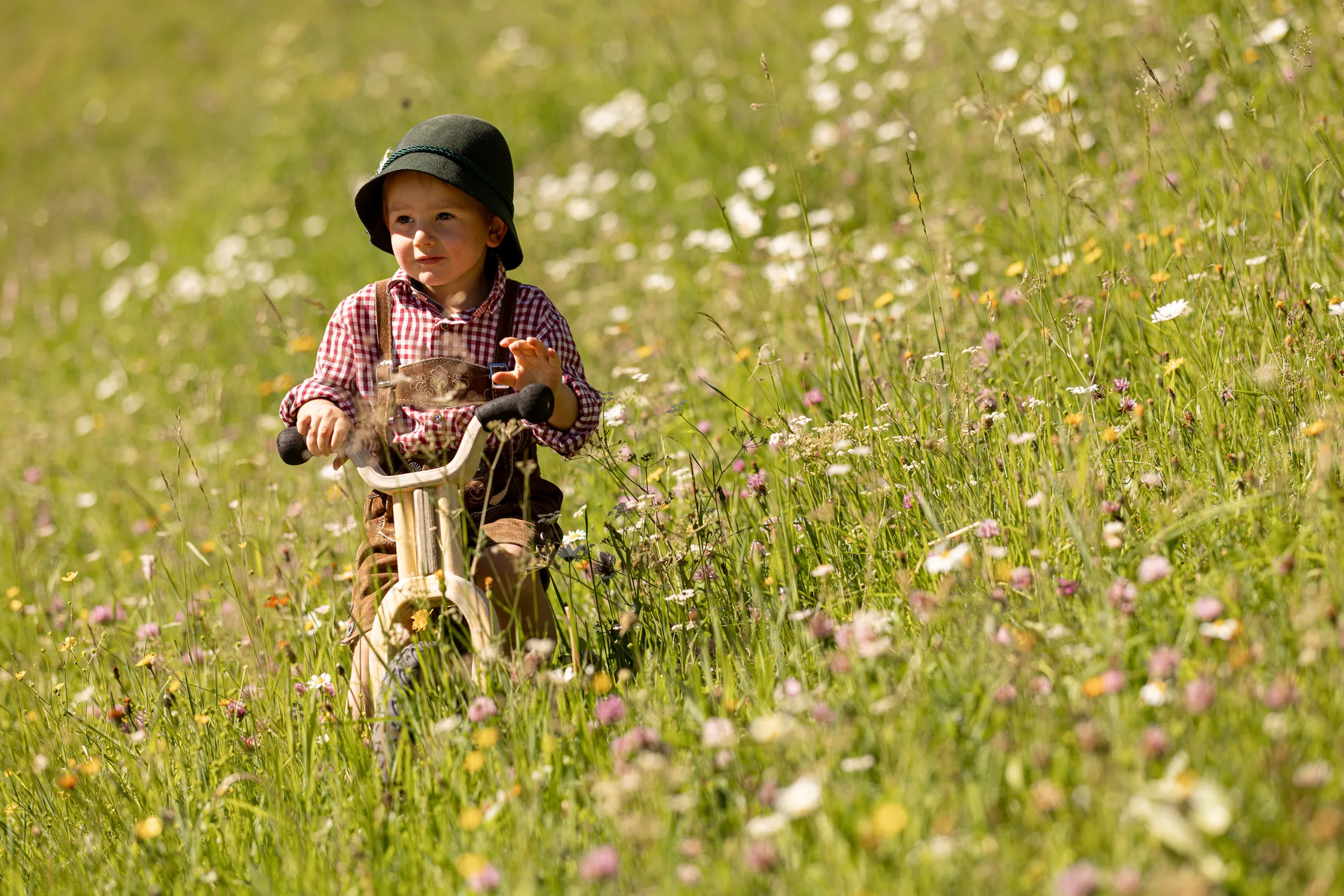 Bambino sulla bicicletta senza pedali nel prato fiorito