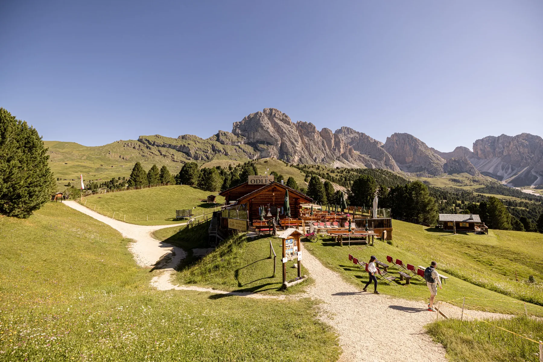 Sentiero escursionistico attraverso i prati alpini fino alla Baita Odles